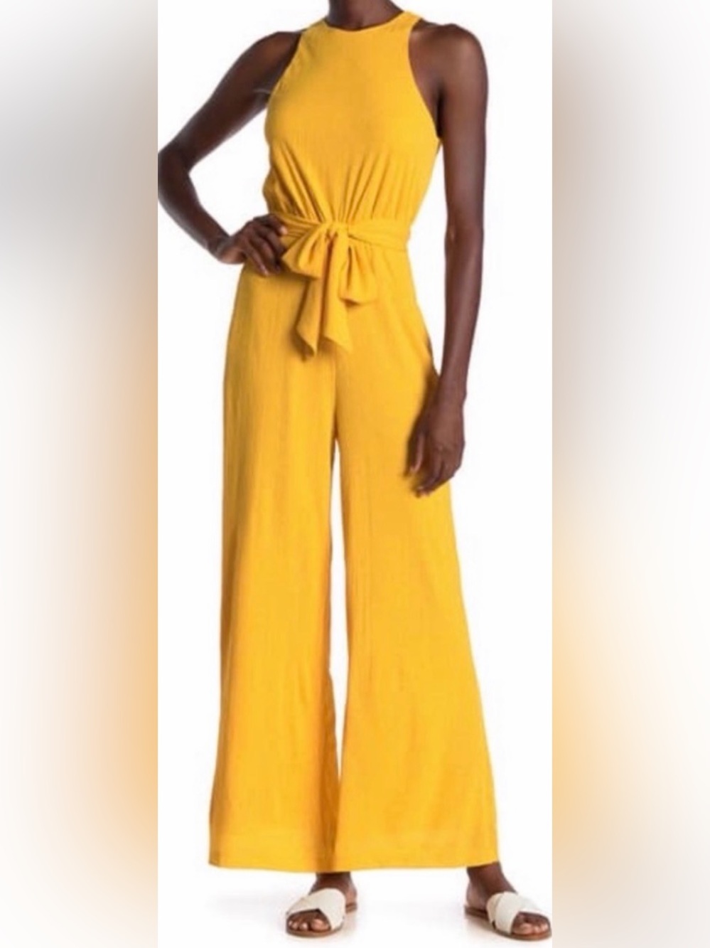 NSR Sleeveless Tie-Waist Wide Leg Jumpsuit in Mustard Yellow Large